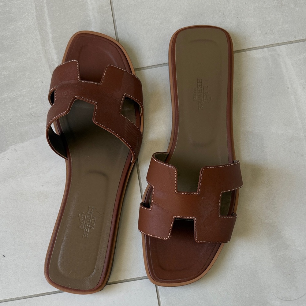 Hermes Tan Slide Sandals